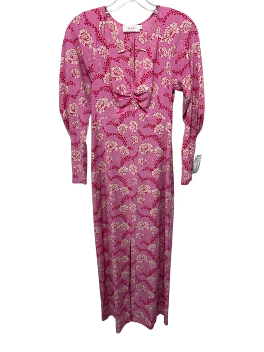 A.L.C. Size 00 Pink & Red Silk Blend Ruched Front Floral Long Sleeve Maxi Dress Pink & Red / 00