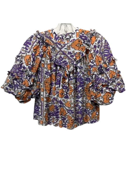 Rhode Size 2 Purple, Orange, White Cotton Blend Block Printed Abstract Top Purple, Orange, White / 2