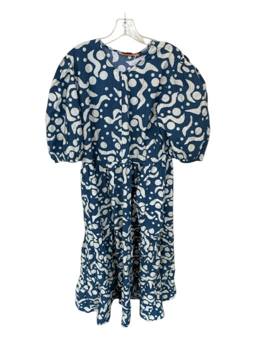 Oliphant Size XL Navy & Cream Cotton Long Balloon Sleeve dots V Neck Maxi Dress Navy & Cream / XL