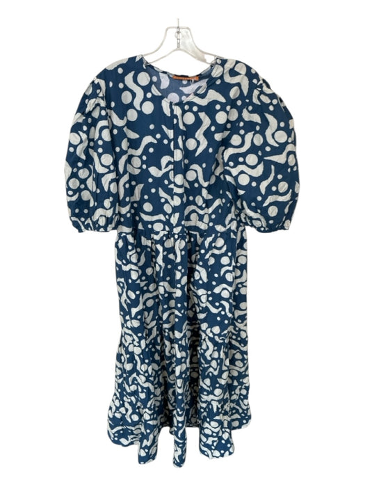 Oliphant Size XL Navy & Cream Cotton Long Balloon Sleeve dots V Neck Maxi Dress Navy & Cream / XL