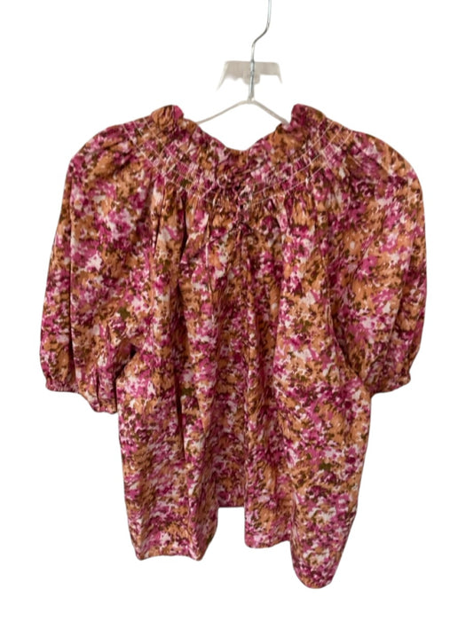 J Crew Size XL Brown & Pink Cotton Puff Sleeves Splotch Print Neck Tie Shirt Brown & Pink / XL