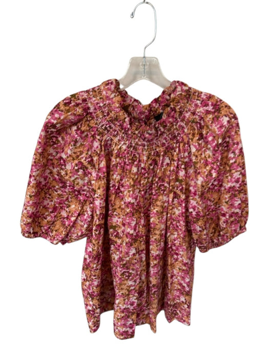 J Crew Size XL Brown & Pink Cotton Puff Sleeves Splotch Print Neck Tie Shirt Brown & Pink / XL