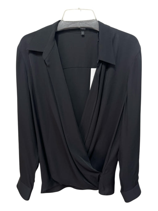 Theory Size L Black Silk Long Sleeve Solid Plunge Neck Top Black / L