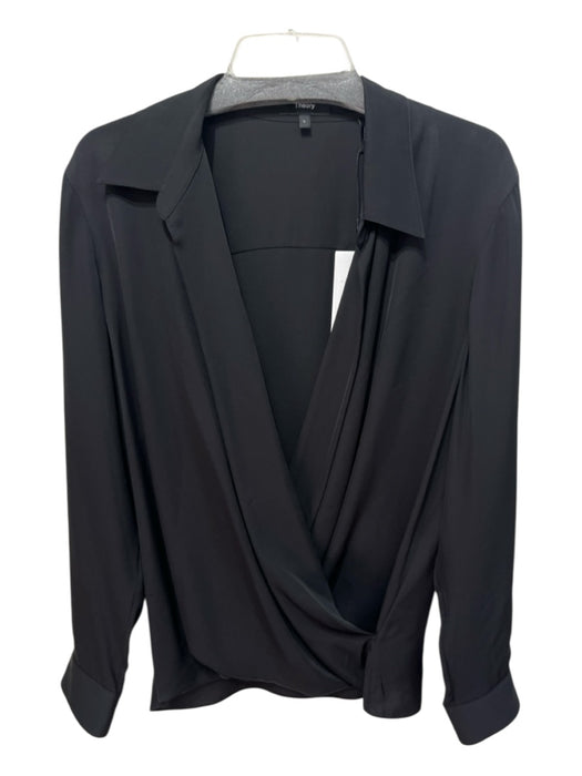 Theory Size L Black Silk Long Sleeve Solid Plunge Neck Top Black / L