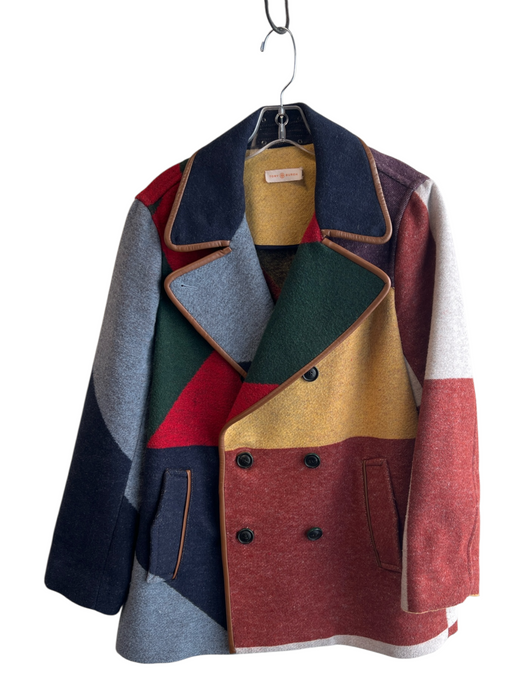 Tory Burch Size Est S Red & Multi Acrylic & Polyester Lapel Block Color Coat Red & Multi / Est S