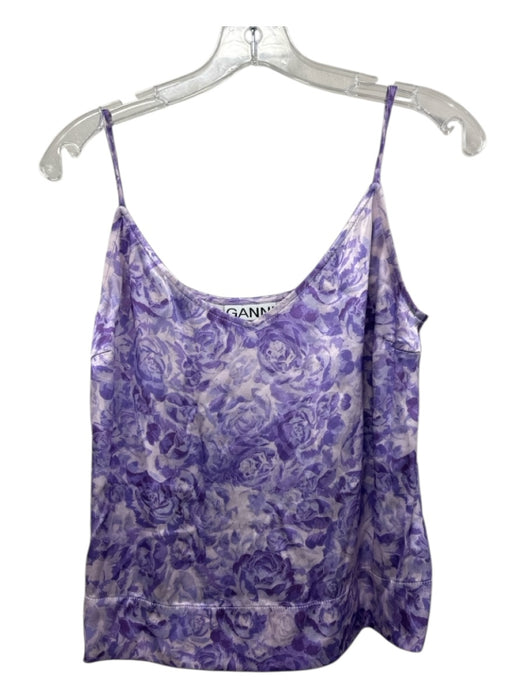 Ganni Size 38 Purple Viscose Spaghetti Strap Floral V Neck Top Purple / 38