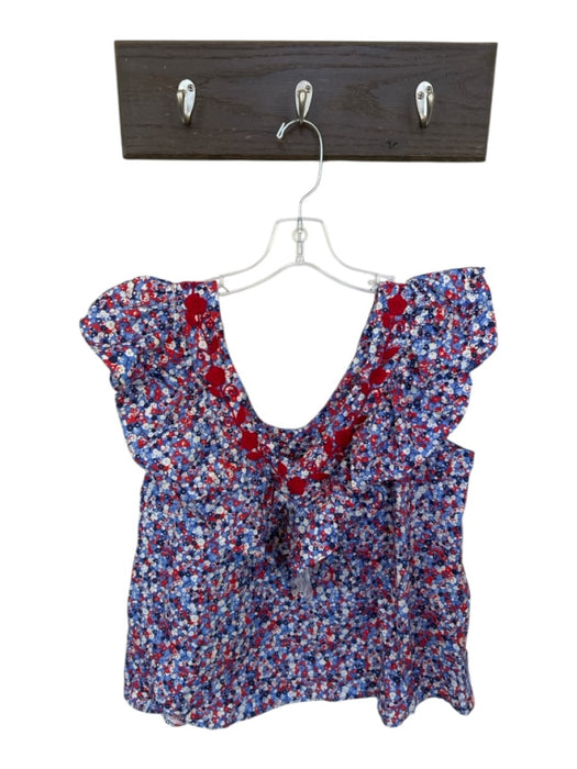 Mi Golondrina Size S Blue & Red Cotton Flutter Sleeves Embroidered Neckline Top Blue & Red / S