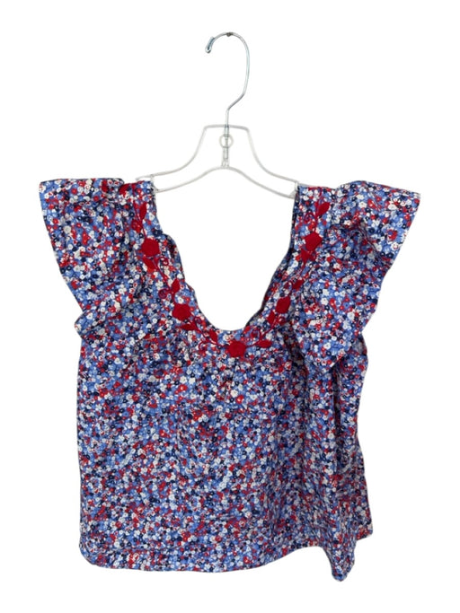 Mi Golondrina Size S Blue & Red Cotton Flutter Sleeves Embroidered Neckline Top Blue & Red / S