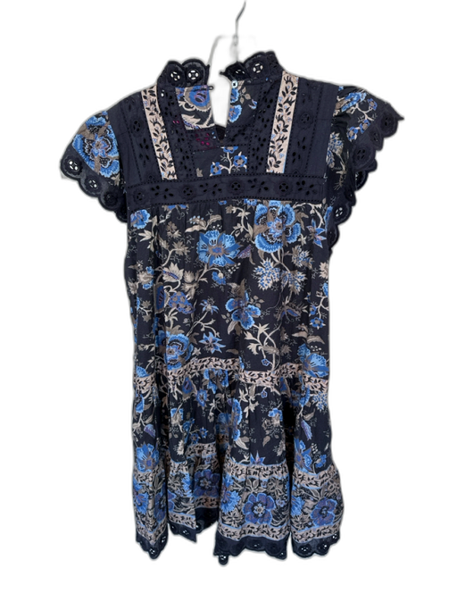 Sea New York Size M Navy & Tan Cotton Flutter Sleeves Botanical eyelet Dress Navy & Tan / M