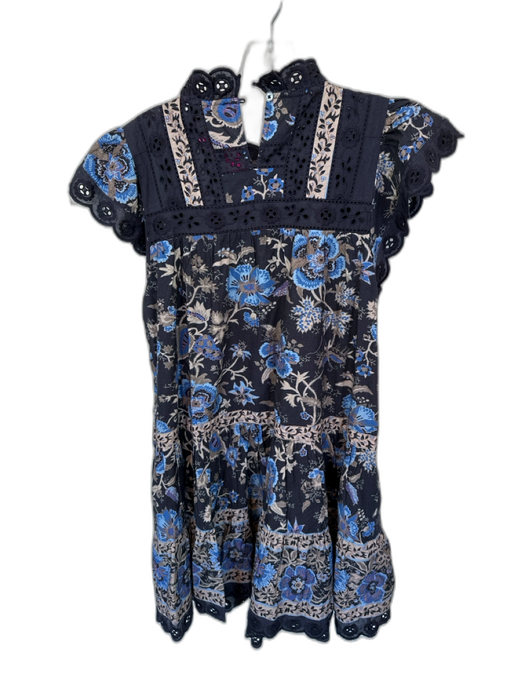Sea New York Size M Navy & Tan Cotton Flutter Sleeves Botanical eyelet Dress Navy & Tan / M