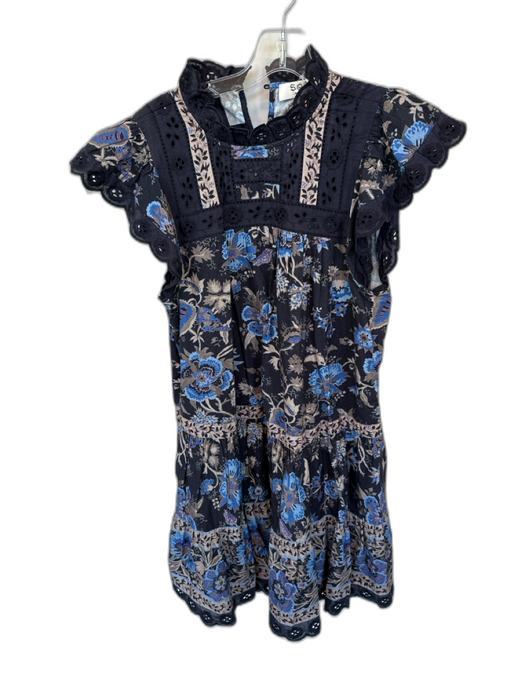 Sea New York Size M Navy & Tan Cotton Flutter Sleeves Botanical eyelet Dress Navy & Tan / M