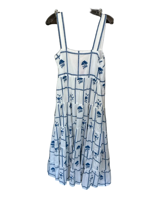 Sezane Size 36 White & Blue Cotton Sleeveless Embroidered Flowers Lined Dress White & Blue / 36