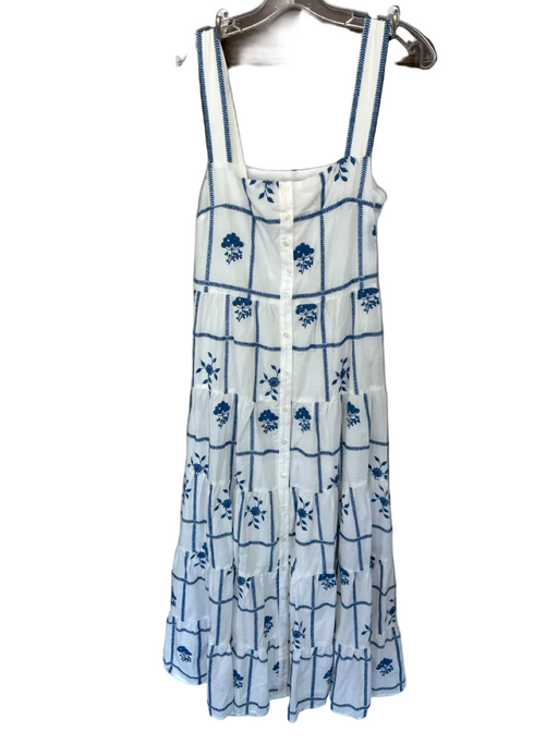 Sezane Size 36 White & Blue Cotton Sleeveless Embroidered Flowers Lined Dress White & Blue / 36