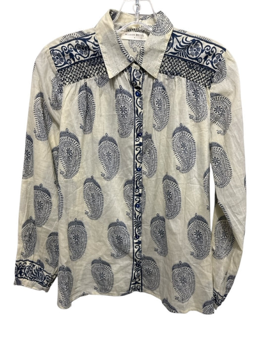 Maison Hotel Size S Yellow & Navy Blue Cotton Paisley Long Sleeve Button Up Top Yellow & Navy Blue / S