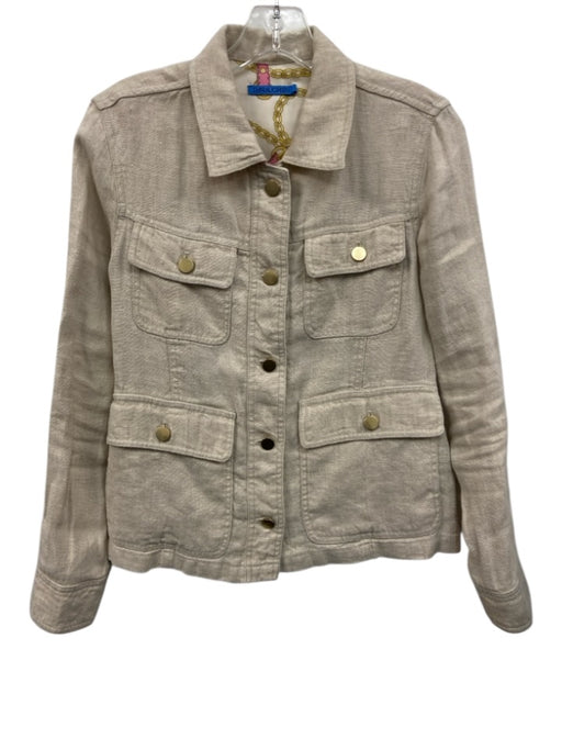 J. McLaughlin Size XS Beige & Gold Linen Lined Gold Buttons Patch Pocket Jacket Beige & Gold / XS
