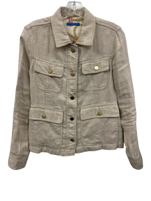 J. McLaughlin Size XS Beige & Gold Linen Lined Gold Buttons Patch Pocket Jacket Beige & Gold / XS