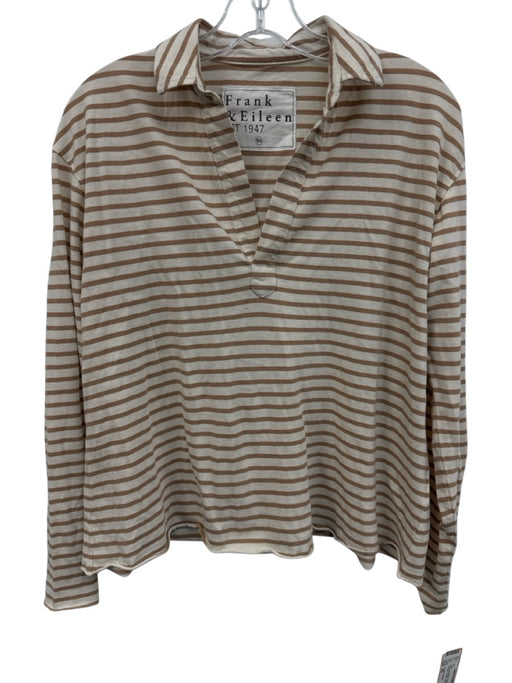 Frank & Eileen Size XS Brown & White Cotton Horizontal Stripes V Neck Collar Top Brown & White / XS