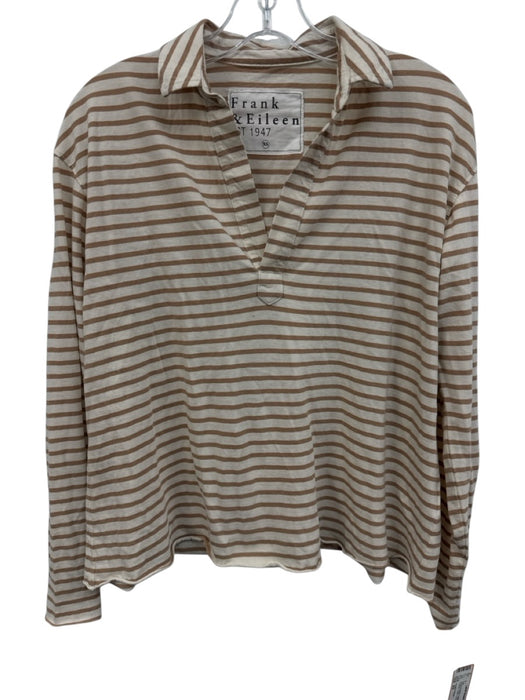 Frank & Eileen Size XS Brown & White Cotton Horizontal Stripes V Neck Collar Top Brown & White / XS