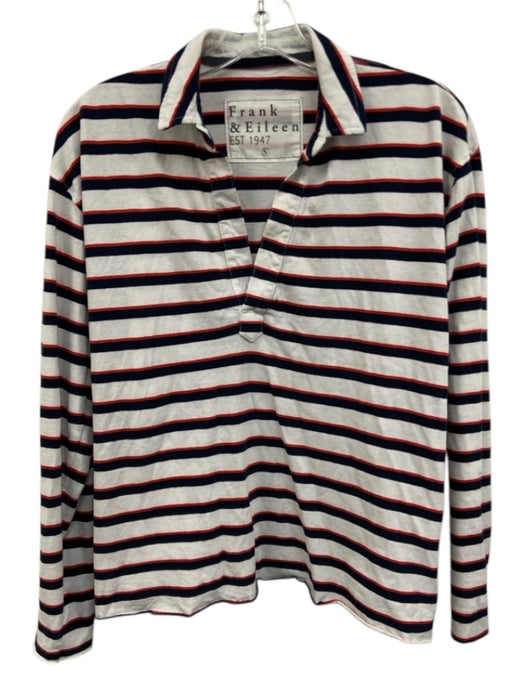 Frank & Eileen Size S White, Navy & Red Cotton V Neck Horizontal Stripe Top White, Navy & Red / S