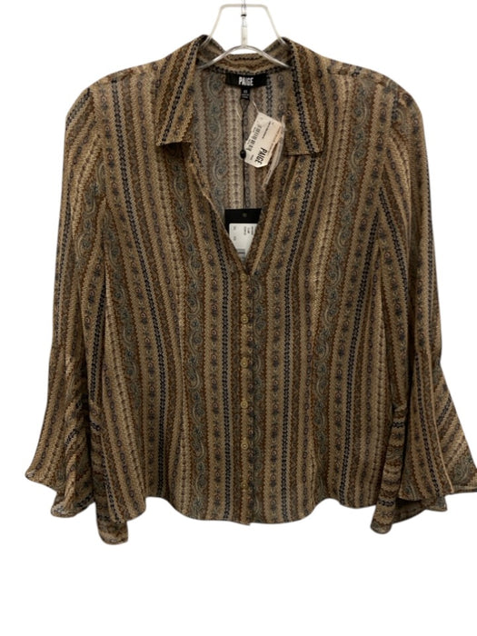 Paige Size XS Brown, Tan & Navy Silk Long Sleeve Paisley Semi Sheer Top Brown, Tan & Navy / XS