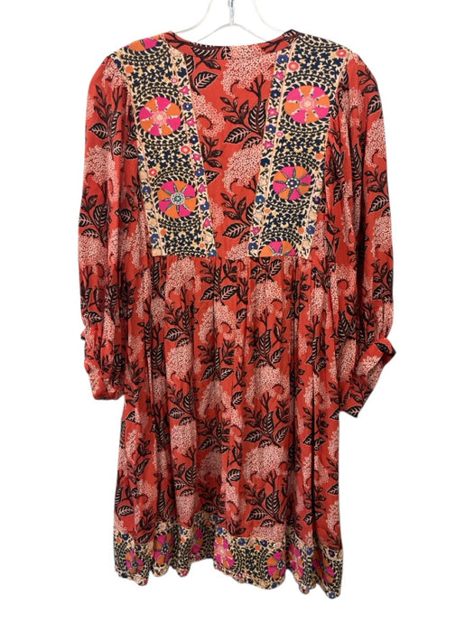 Ba&sh Size 2 Orange, Black, Pink Viscose Long Sleeve Floral Split Neck Dress Orange, Black, Pink / 2