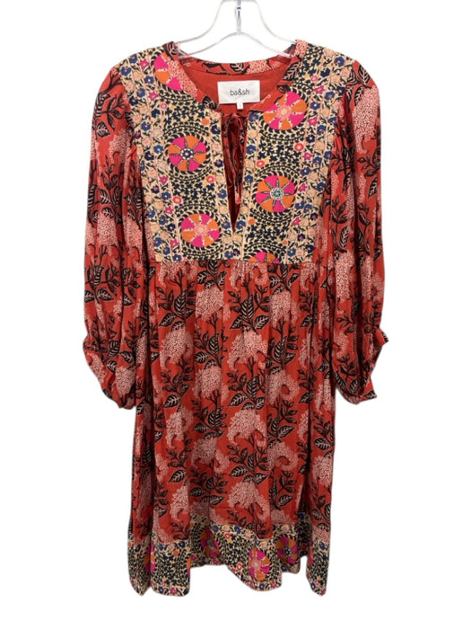 Ba&sh Size 2 Orange, Black, Pink Viscose Long Sleeve Floral Split Neck Dress Orange, Black, Pink / 2