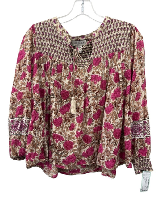 Rachel Zoe Size XS Pink & Beige Long Sleeve Floral Smocked Front Tie Top Pink & Beige / XS