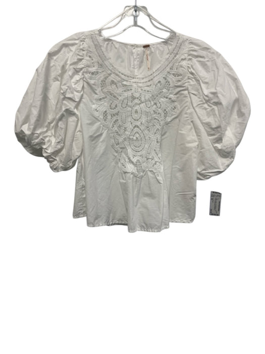 Free People Size XS White Cotton 1/2 Puff Sleeve Lace Panel Keyhole Back Top White / XS