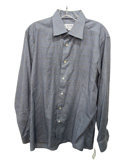 Eton Size L Blue & Tan Cotton Plaid Button Down Men's Long Sleeve Shirt L