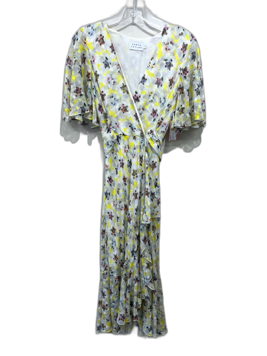 Tanya Taylor Size 2 White, Yellow & Black Silk Blend Floral Short Sleeve Dress White, Yellow & Black / 2