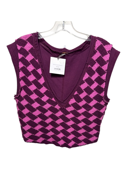 Free People Size M Pink & Purple Cotton Blend Exposed Seams Squares V Neck Top Pink & Purple / M