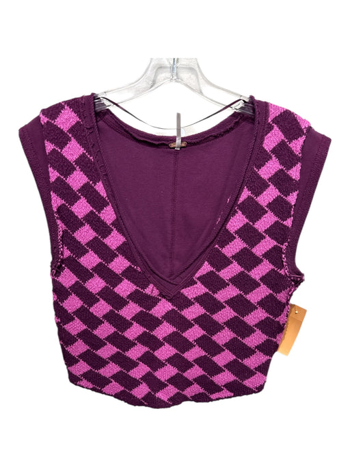 Free People Size S Pink & Purple Cotton Blend Exposed Seams Squares V Neck Top Pink & Purple / S