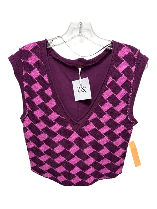 Free People Size XS Pink & Purple Cotton Blend Exposed Seams Squares V Neck Top Pink & Purple / XS