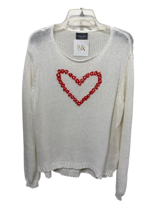 Wooden Ships Size M/L Cream & Red Cotton Blend Heart Floral Application Sweater Cream & Red / M/L