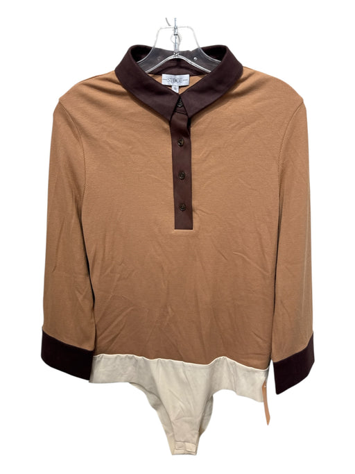 S'edge Size L Brown & Cream Cotton Blend Ribbed color block Henley Body suit Top Brown & Cream / L