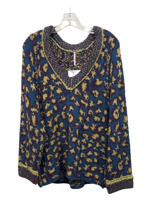 Free People Size XS Blue, Yellow, Purple Cotton Blend V Neck Contrast Sweater Blue, Yellow, Purple / XS