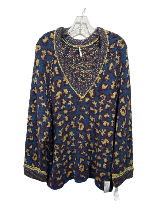 Free People Size M Blue, Yellow, Purple Cotton Blend V Neck Contrast Sweater Blue, Yellow, Purple / M