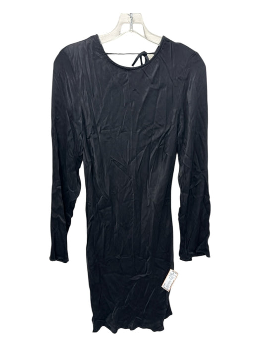 Bella Dahl Size L Black Cupro Blend Flare Sleeve Solid Tie Back Above Knee Dress Black / L