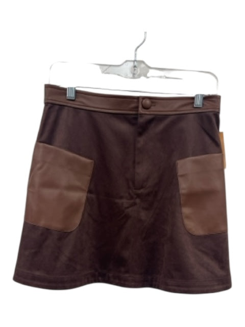 S'edge Size S Brown Polyester Faux Leather Trim Patch Pocket A Line Skirt Brown / S