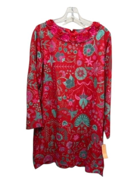 Sheridan French Size L Red, Pink, Green Polyester Floral Flower Applique Dress Red, Pink, Green / L