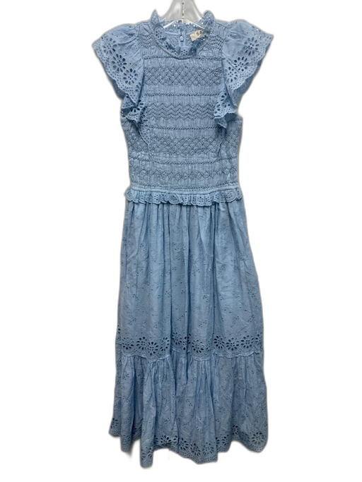 Sea New York Size M Sky Blue Cotton Smocked Eyelet Embroidered Midi Dress Sky Blue / M