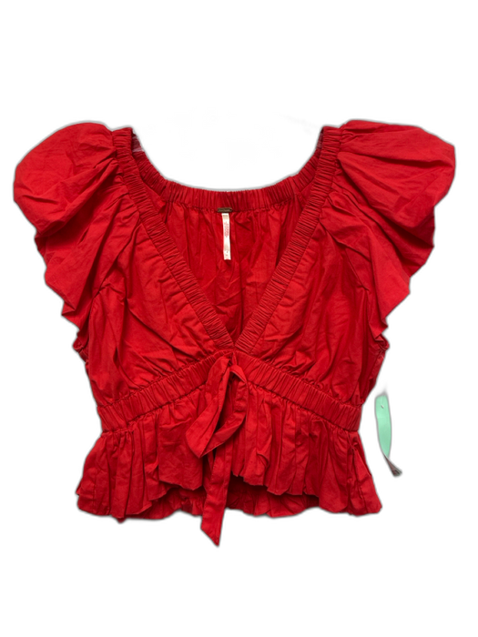 Free People Size S Red Cotton Puff Sleeves V Neck Bubble Hem Cropped Top Red / S