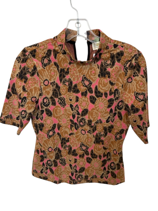 Maeve Size XS Brown & Pink Polyester Blend Floral Knit Mock Neck Top Brown & Pink / XS