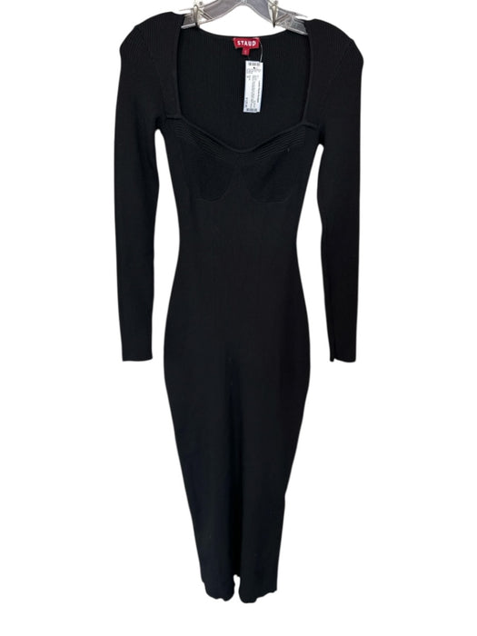 Staud Size S Black Viscose Blend Ribbed Long Sleeve Sweetheart Neckline Dress Black / S