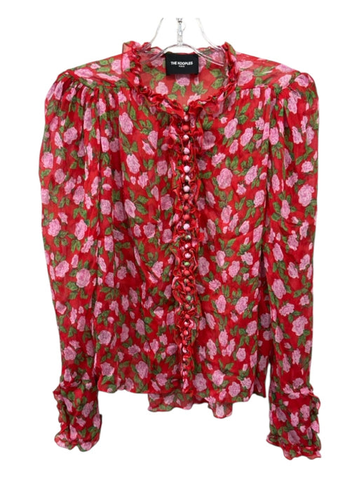 The Kooples Size 1/S Red, Pink, Green Viscose Semi Sheer Floral Button Front Top Red, Pink, Green / 1/S