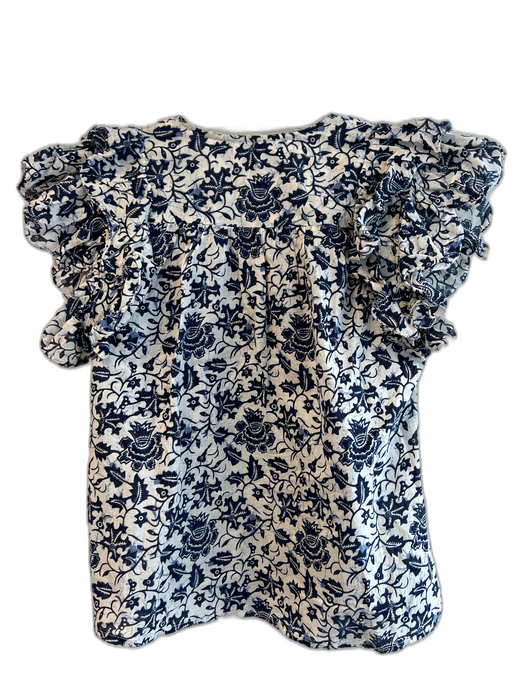 Love The Label Size XS Blue & White Cotton allover eyelet Ruffle Sleeveless Top Blue & White / XS