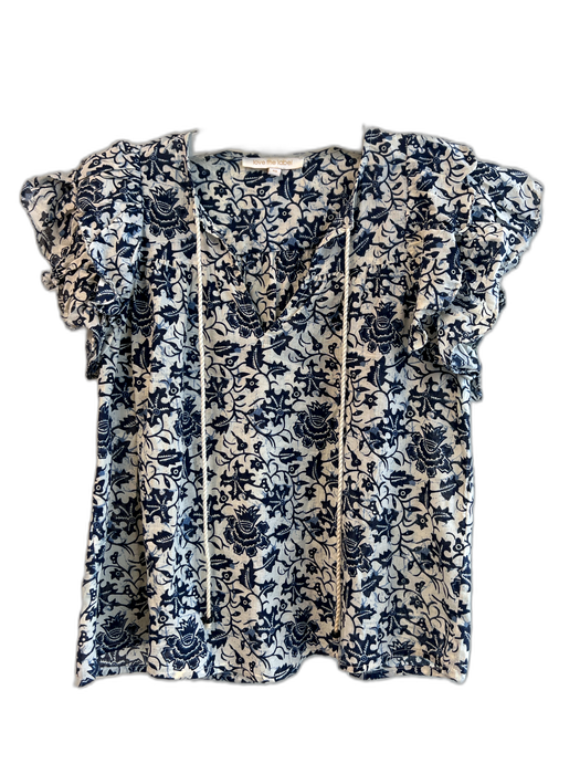 Love The Label Size XS Blue & White Cotton allover eyelet Ruffle Sleeveless Top Blue & White / XS