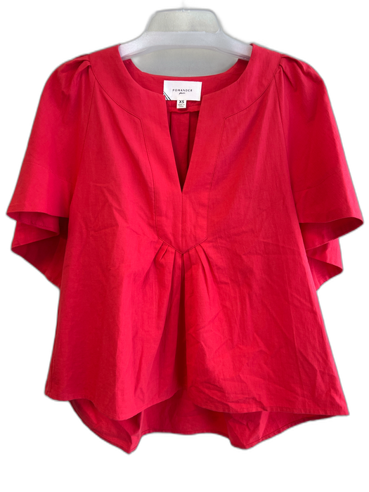 Pomander Place Size XS Red Cotton round split neck Short Wide Sleeve Top Red / XS