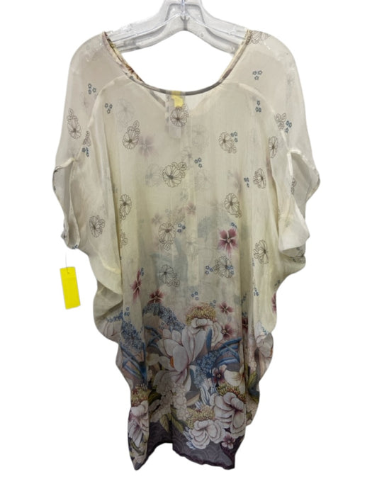 Da Nang Size M Beige, Brown, Pink Silk Short Sleeve Floral Sheer Tunic Top Beige, Brown, Pink / M