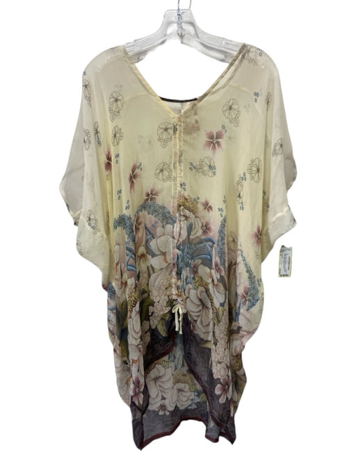 Da Nang Size M Beige, Brown, Pink Silk Short Sleeve Floral Sheer Tunic Top Beige, Brown, Pink / M
